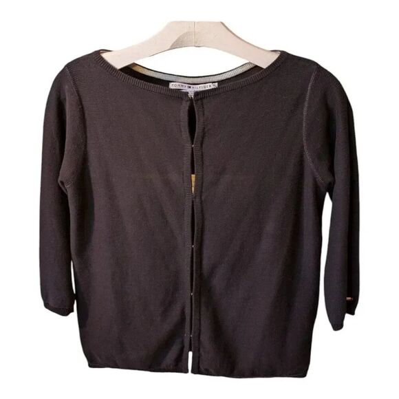 Tommy Hilfiger Women's Medium 3/4 Sleeve Hook & Eye Front Solid Black Sweater - Picture 3 of 7